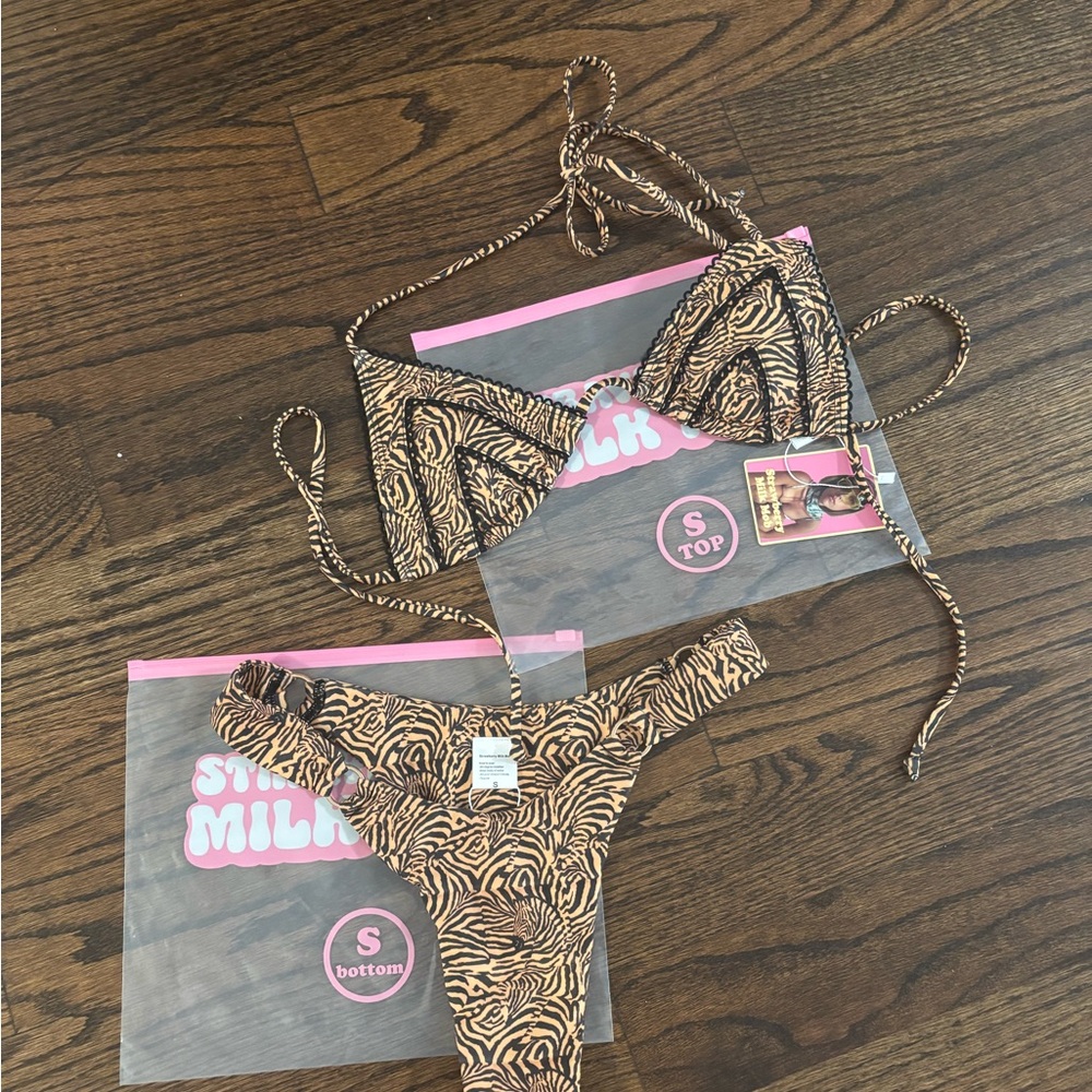 NWT Strawberry Milkmob Brown Zebra Print Bikini Set